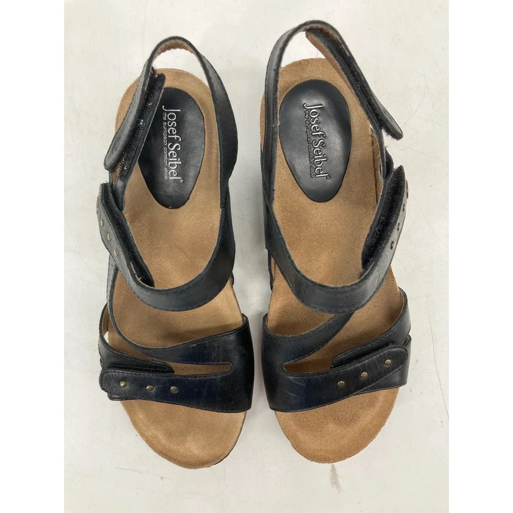 Josef Seibel Hailey Strappy Wedge Sandals Women 37 Black Leather Studded